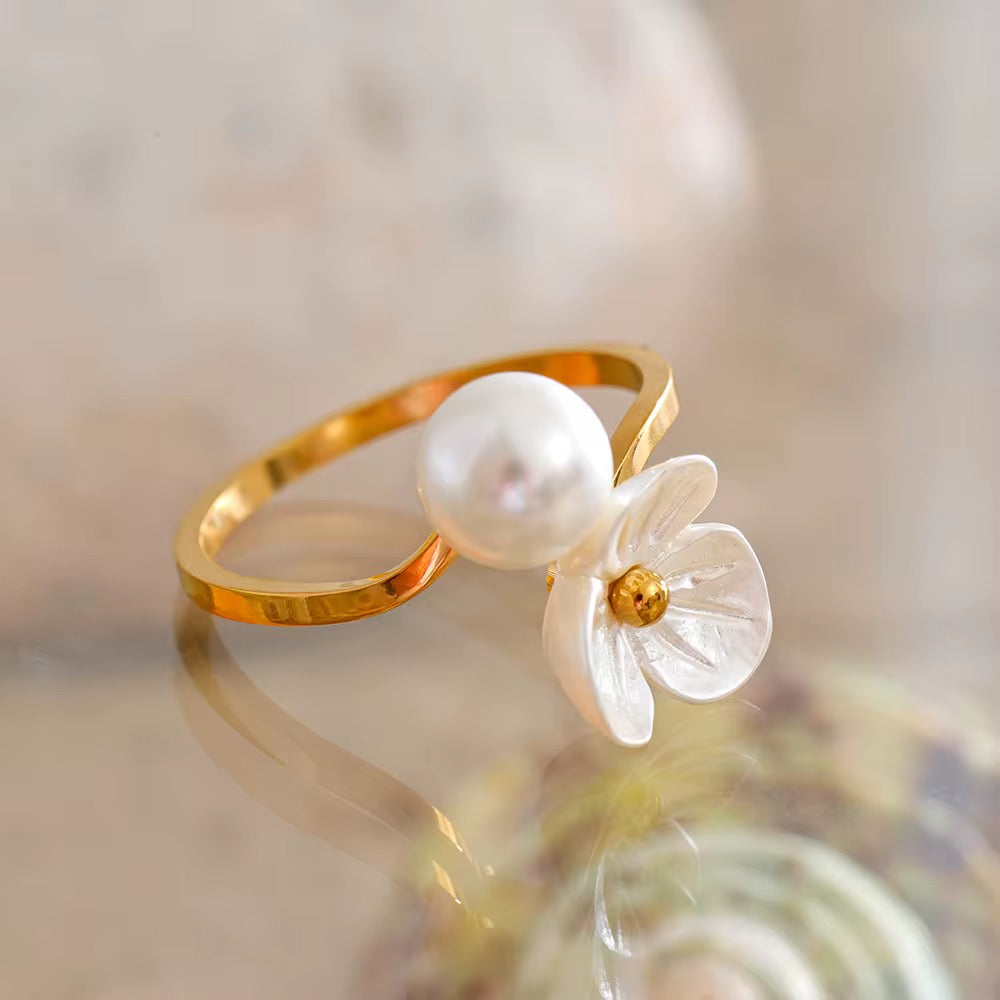 Iris Pearl & Floral Adjustable Ring