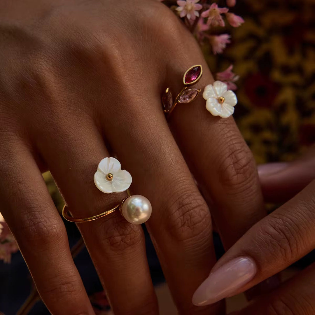 Iris Pearl & Floral Adjustable Ring