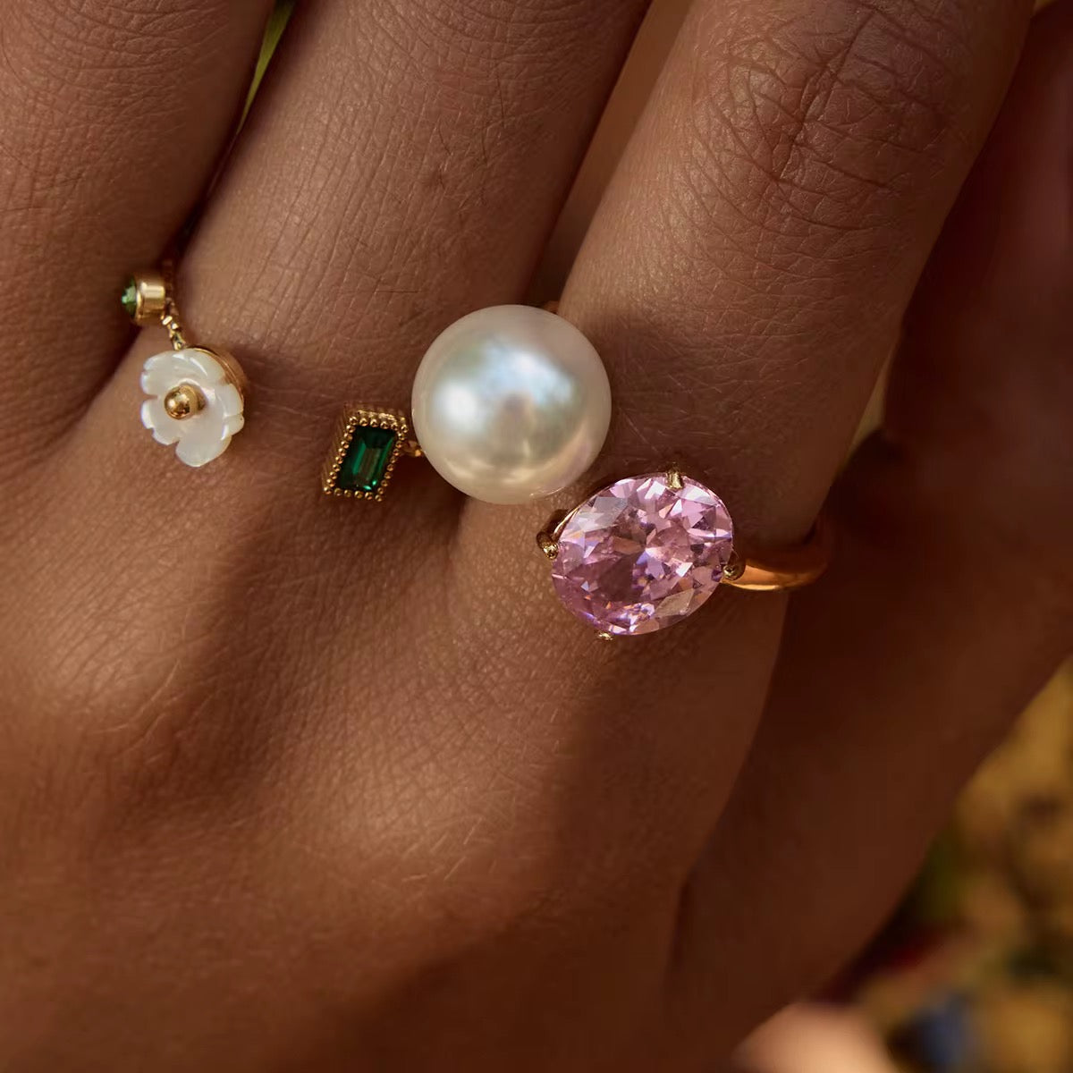 Zaria pearl & pink crystal adjustable ring