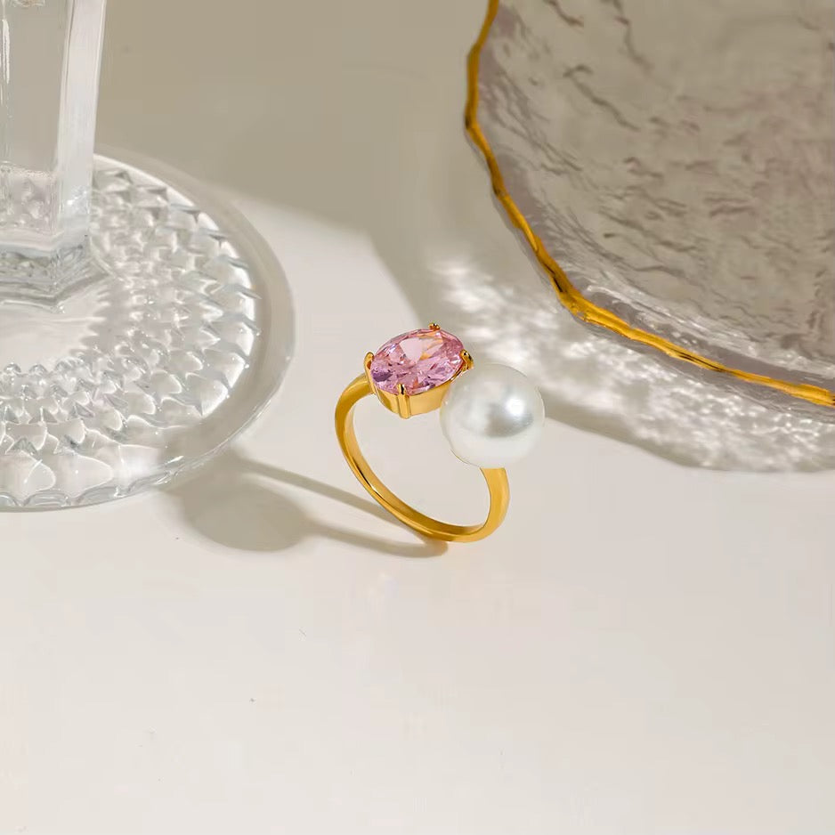 Zaria Pearl & Pink Crystal Adjustable Ring
